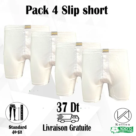 PACK 4 SLIP SHORT HOMME BLANC 100% COTON