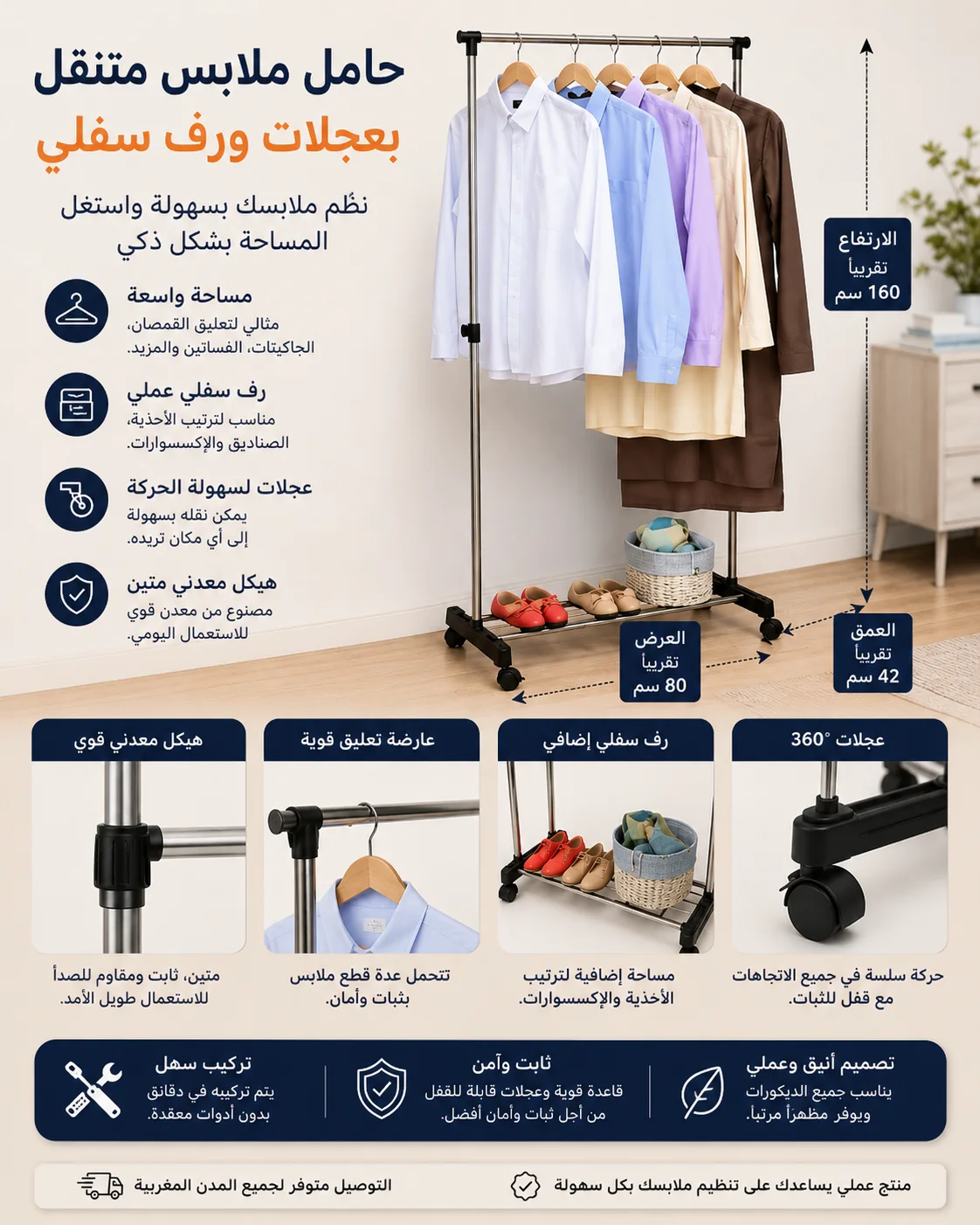 حامل ملابس بقضيب واحد مع رف للأحذية
