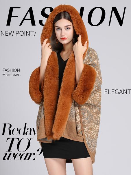 عباءة نسائية جديدة للخريف والشتاء مصنوعة من فرو ثعلب الماء الاصطناعي مع ياقة من فرو الأرانب من قماش الجاكار وغطاء للرأس مصنوعة من الصوف الاصطناعي وعباءة القهوة