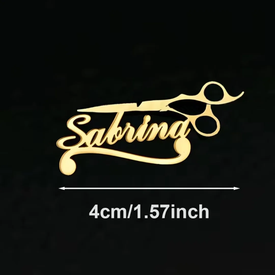 بروش الاسم المخصص للبدلات - دبوس جاكيت مصفف شعر مطلي بالذهب حسب الطلب | Personalized Scissors Name Brooch - Custom Business Style Suit Pin Jewelry