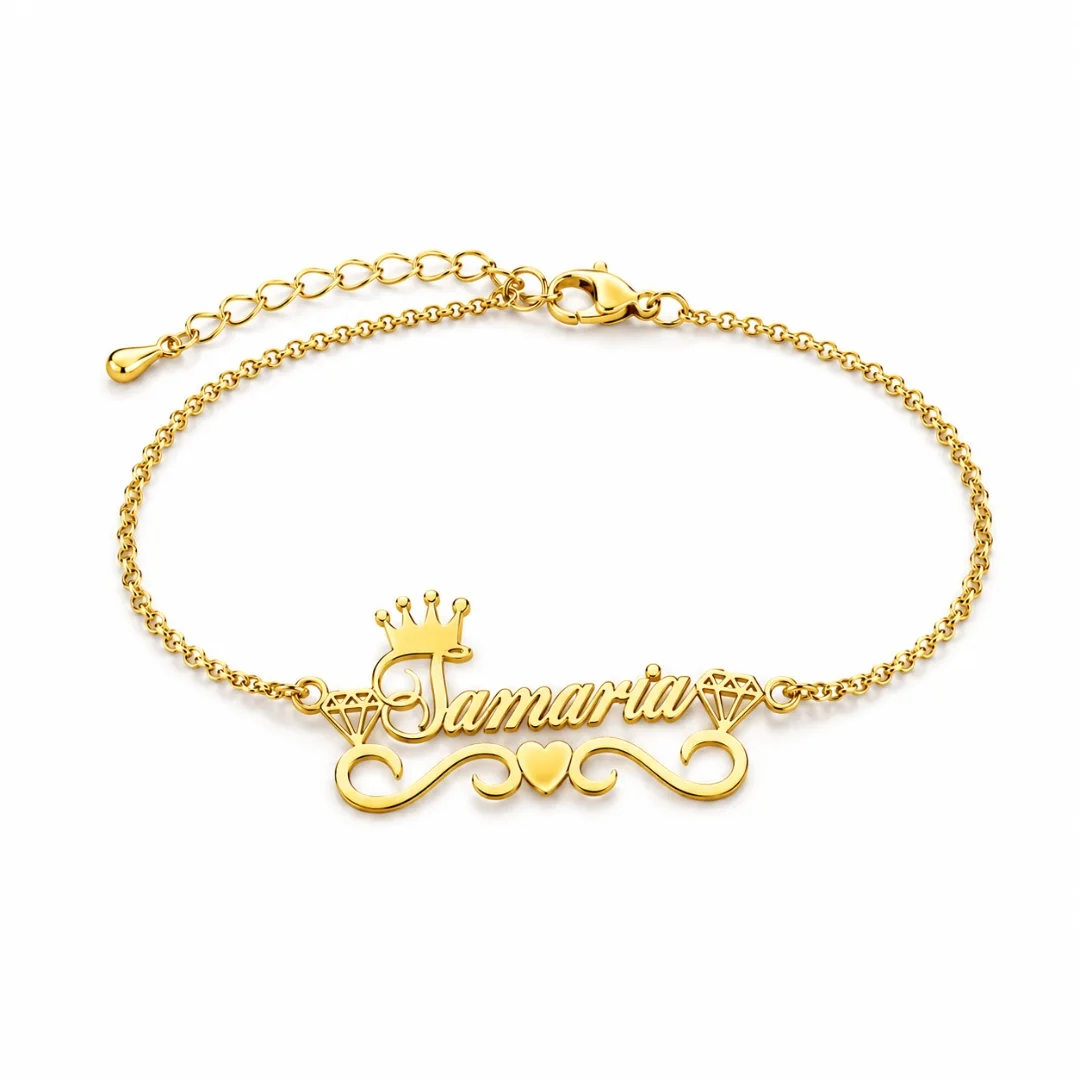 خلخال مخصص باسمك | قلب وتاج ذهبي | Custom Name Anklet Gold & Silver