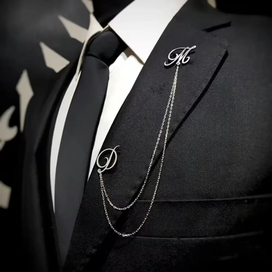 بروش رجالي فاخر للبدلات - دبوس بدلة بحروف مخصصة مطلي بالذهب والفضة | Custom Initial Suit Pin - Tailored Men's Suit Jacket Chain Brooch
