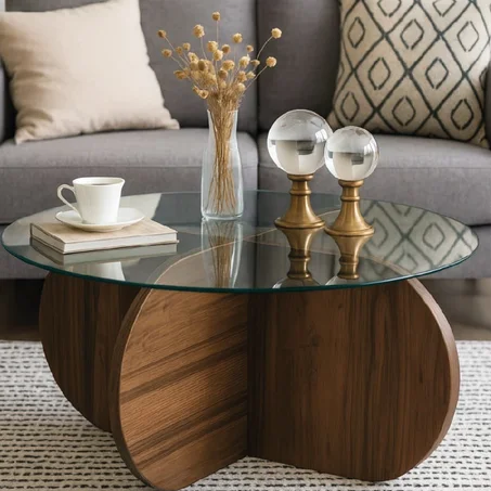 Table de salon moderne en verre et bois _ touche élégante