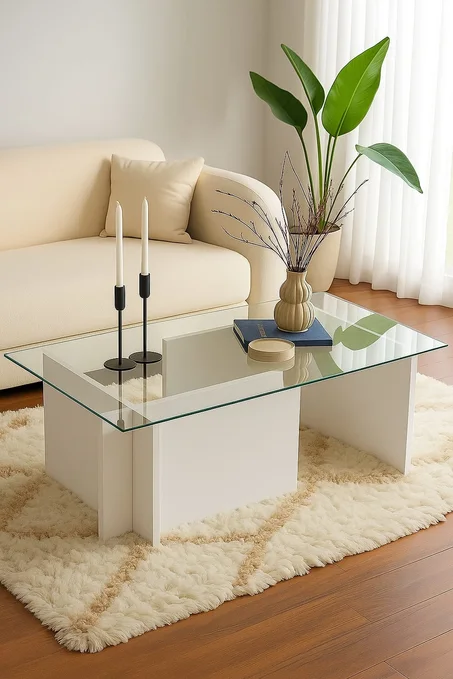 طابلة صالون أنيقة بالزجاج الشفاف و لمسة خشبية راقية