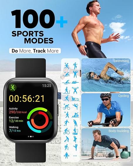 ساعة ذكية (الرد-اجراء المكالمات) للرجال والنساء من اياك، 1.69 انش تعمل باللمس وخاصية اليكسا مدمجة، لياقة بدنية مضادة للماء بتصنيف IP68 مع متتبع للنوم ومعدل ضربات القلب وضغط الدم والاوكسجين SP