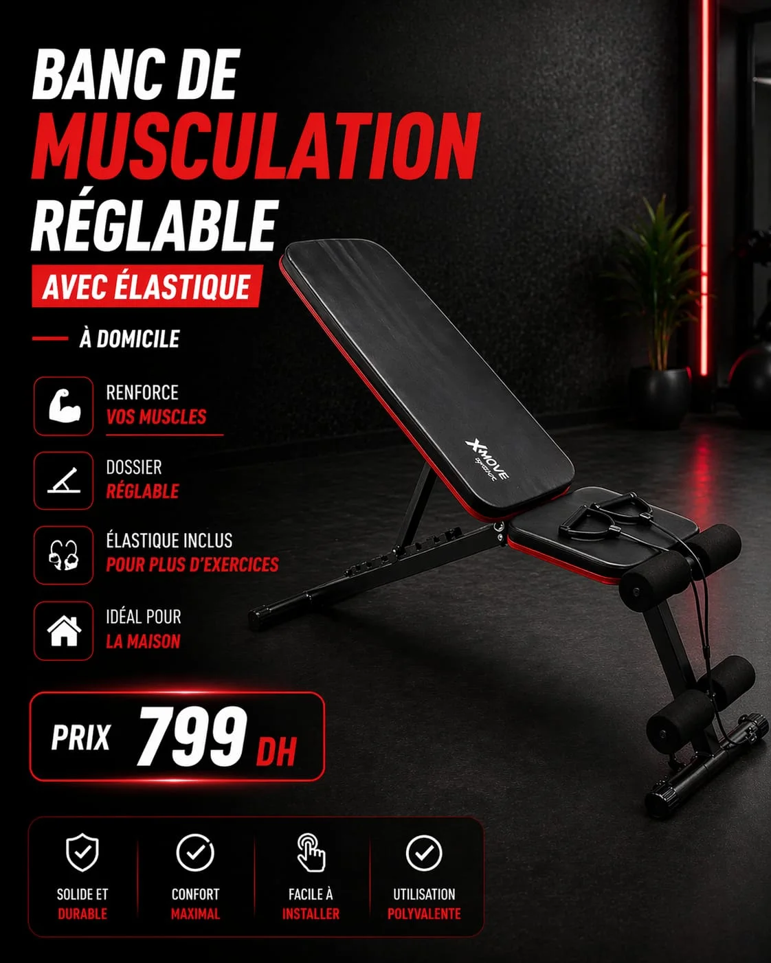 Entraînement complet : banc de musculation réglable noir avec élastiques