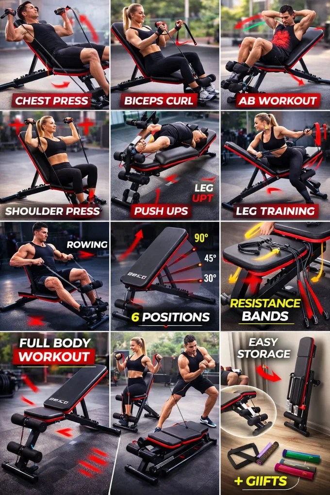 Entraînement complet : banc de musculation réglable noir avec élastiques