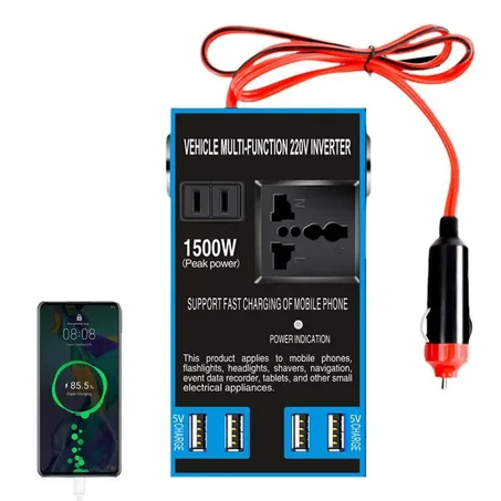 محوّل طاقة للسيارة 12V/24V إلى 110V/220V بقدرة 1500W مع شحن سريع USB – متعدد الاستخدامات