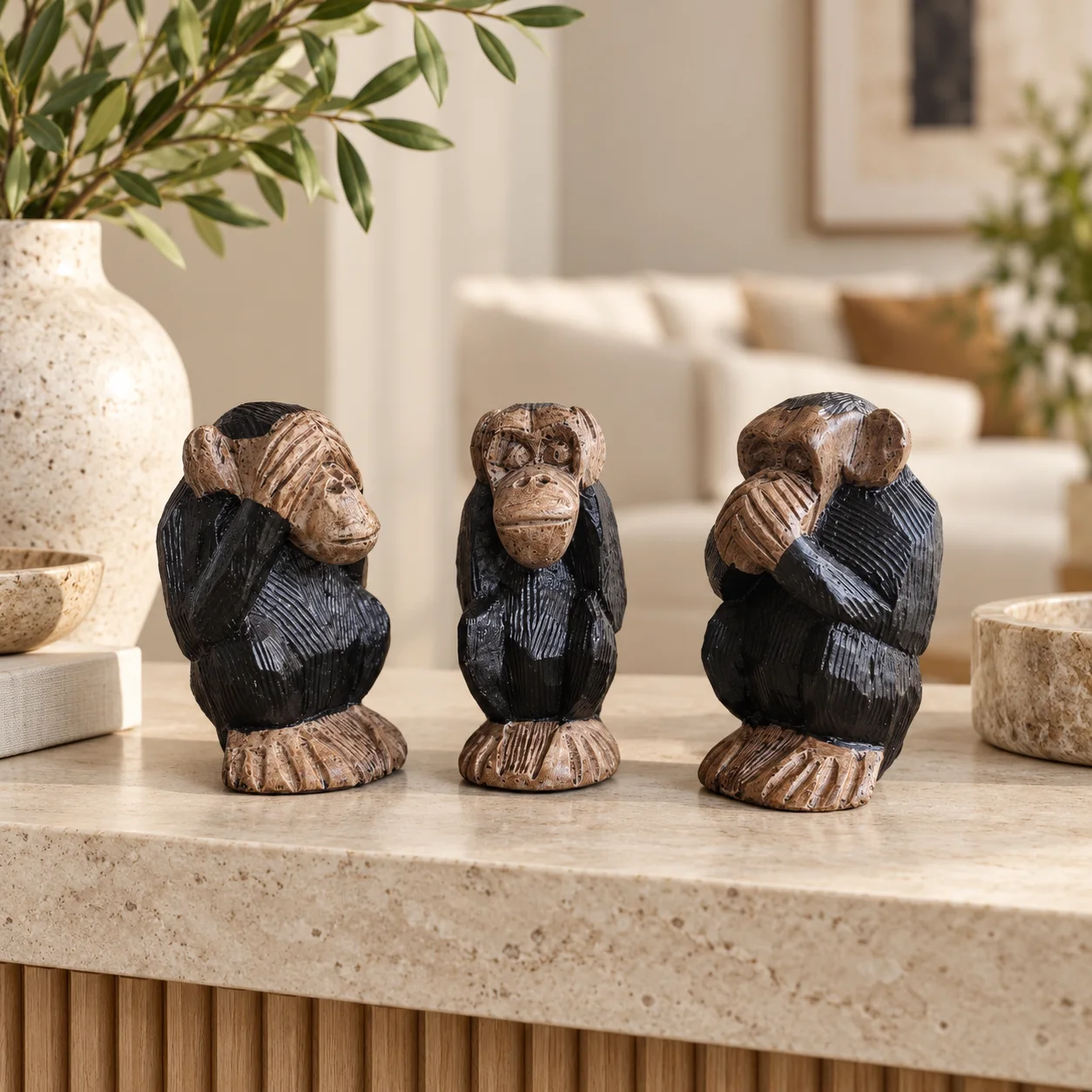 Lot de 3 Singes de la Sagesse – Décoration Artisanale