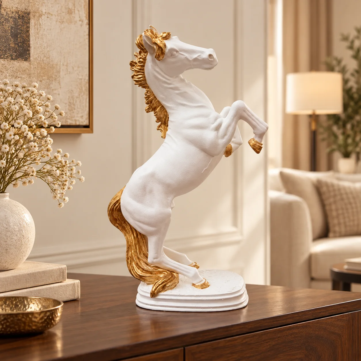 Cheval Cabré Blanc et Doré – Sculpture Décorative