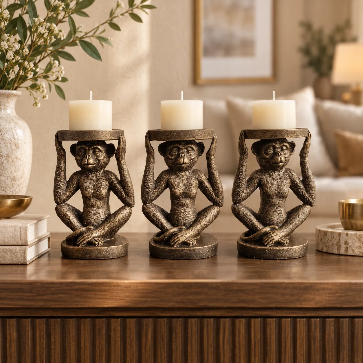 Lot de 3 Porte-Bougies Singes – Décoration Artisanale