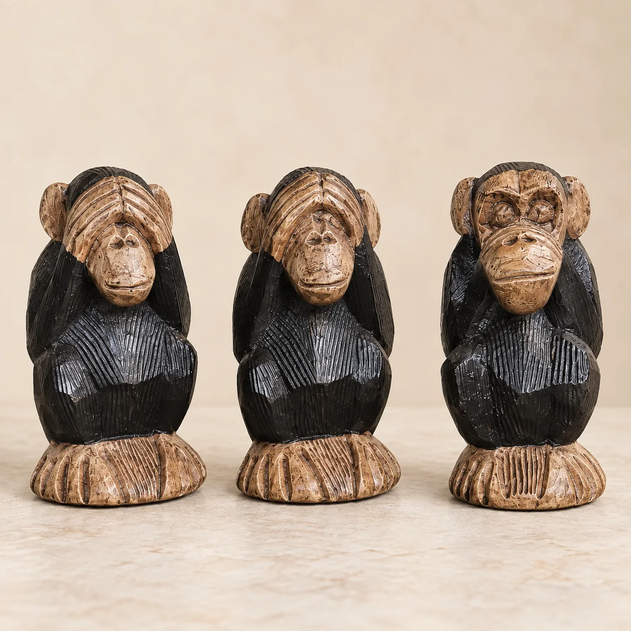 Lot de 3 Singes de la Sagesse – Décoration Artisanale