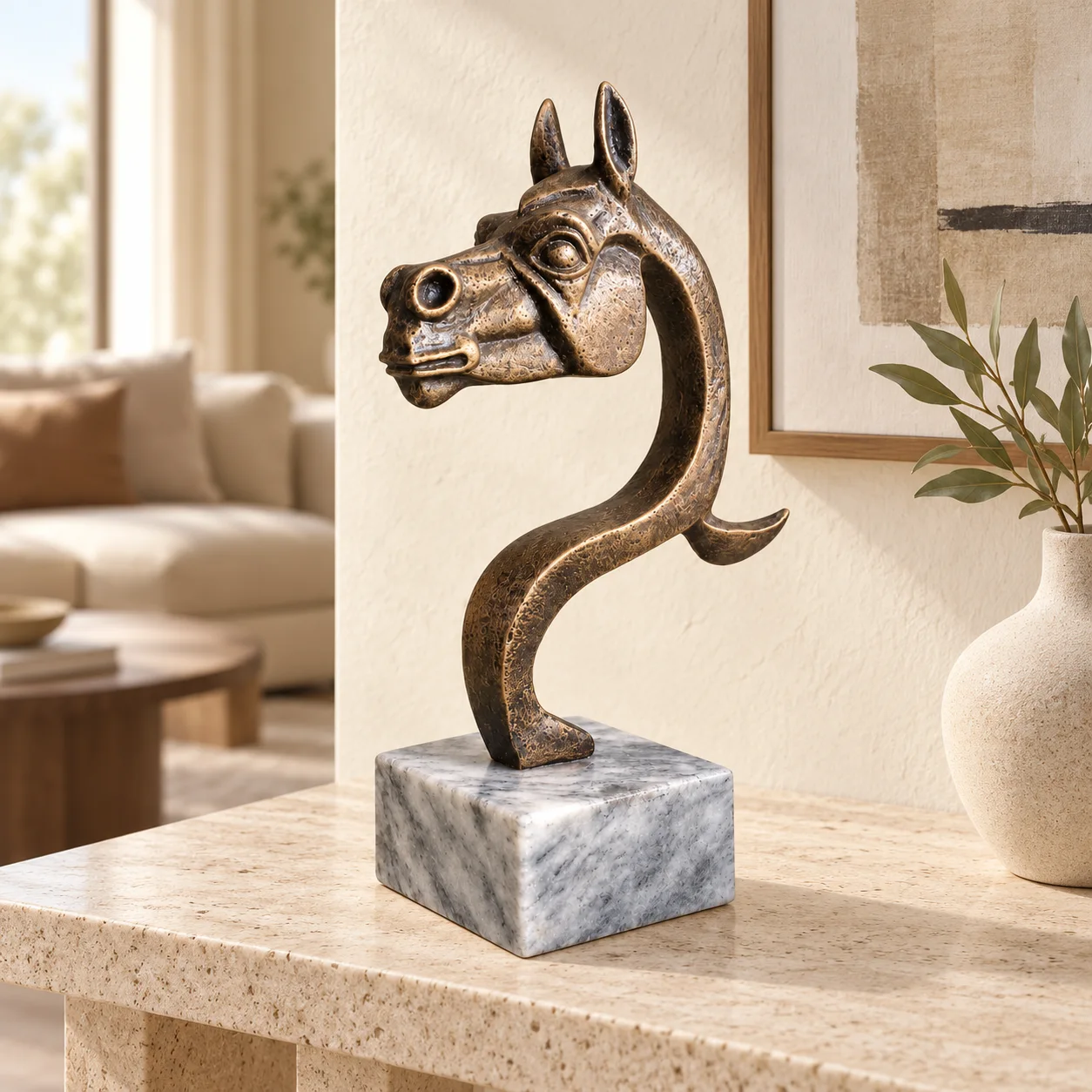 Tête de Cheval Abstraite – Sculpture Bronze sur Socle Marbré