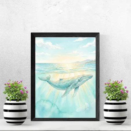 Dreamy Blue Whale, Ocean Wall Art, Coastal Blue