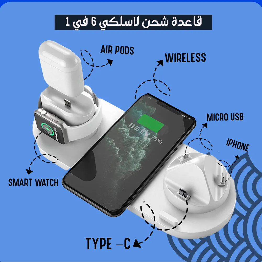 • شاحن ذكي ل(  ايفون و اندرويد و type -c وساعة و ايربودز مع شاحن لاسلكي)