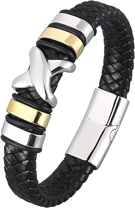 Bracelet for Men Braided Cuff Wristband Stainless Steel Magnetic Clasp