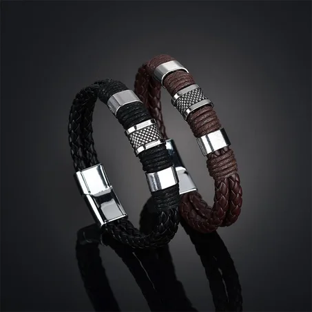 Casual Black Handwoven Leather Bracelet Magnetic Buckle