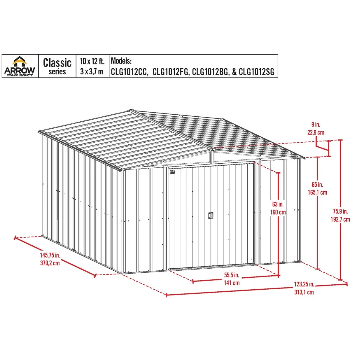 Arrow Classic Steel Storage Shed, 10 ft. x 12 ft., Charcoal