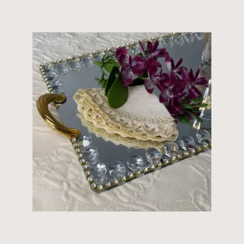 Plateau miroir doré rectangle orné de cristaux - Grand