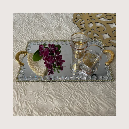 Plateau miroir doré rectangle orné de cristaux - Moyen