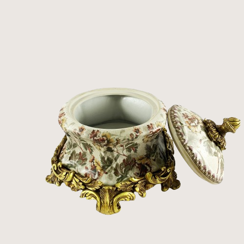 Bonbonnière ronde en porcelaine - Motif Fleurs de feu