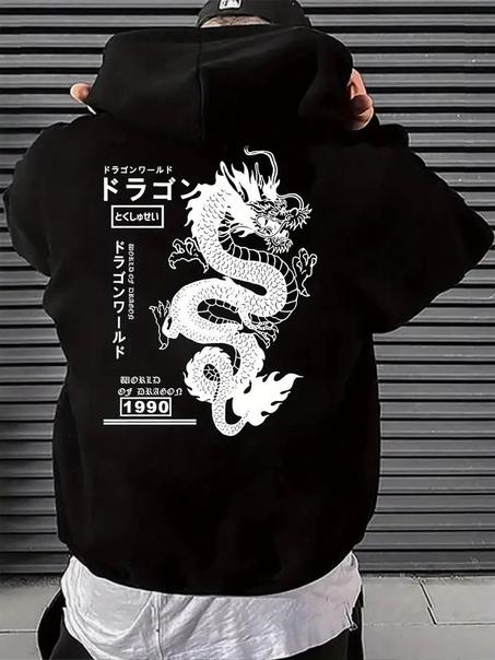 Japanese Dragon Print Men's Pullover Round Neck Long Sleeve HOODED Sweatshirt