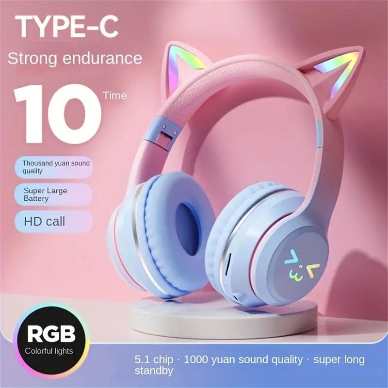 Colorful Cat Ear Earphones Wireless Headband Music Network Red Earphones Foldable Wireless Earphones