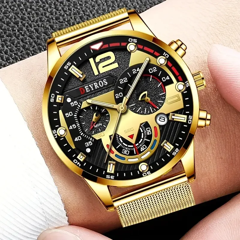 DEYROS Men's Calendar Watch Fashion Business Mesh Strap Quartz Watch Men's Watch