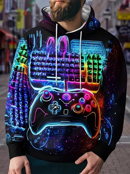 Gamepad Print Hoodies For Men, Graphic Hoodie With Kangaroo Pocket