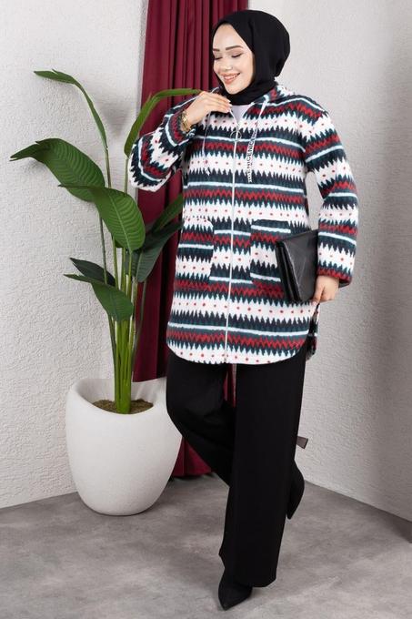 معطف بولار بنمط متعرج باللون الأحمر