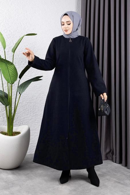 معطف كشمير بياقة من الفرو باللون الأزرق الداكن