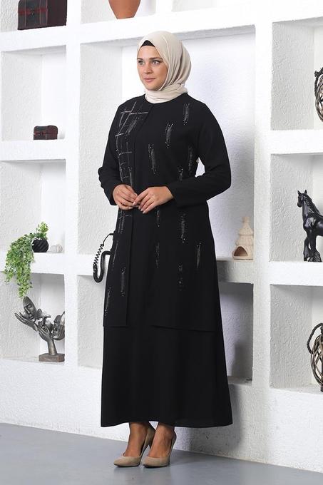 فستان سهرة مطرز بالحجر باللون الأسود