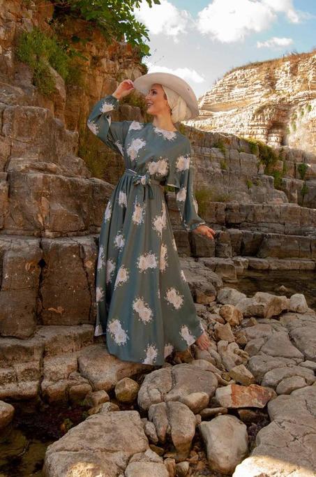 فستان حجاب مزين بالزهور أنثراسيت