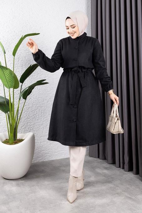 معطف كشمير أسود بتفاصيل أزرار