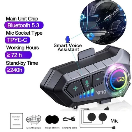 Bluetooth Casque Moto Y10, Étanche, BT 5.3, avec Microphone Commande Vocale