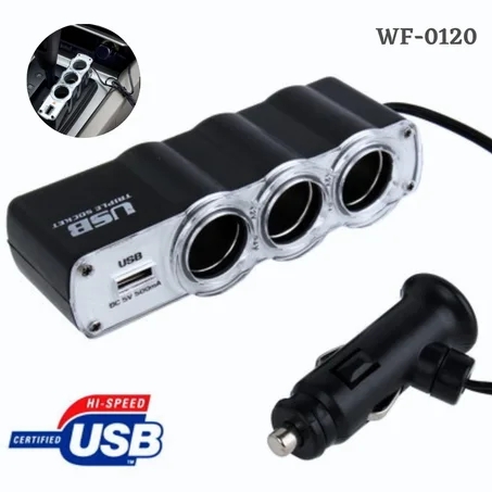 Triple Prise 12V/24V Allume-ci-gare USB Alimentation WF-0120