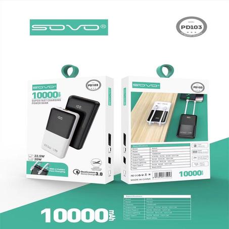 Power Bank SOVO 10 000 mAh – Fast Charge | QC 3.0 + PD 20W – Noir & Blanc