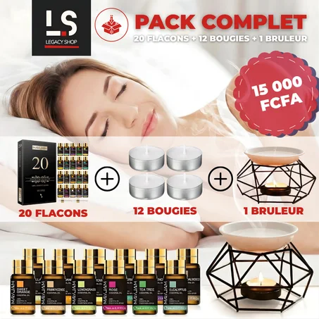 🧘‍♀️ PACK BIEN-ÊTRE COMPLET — 20 HUILES + 12 BOUGIES + 1 BRÛLEUR