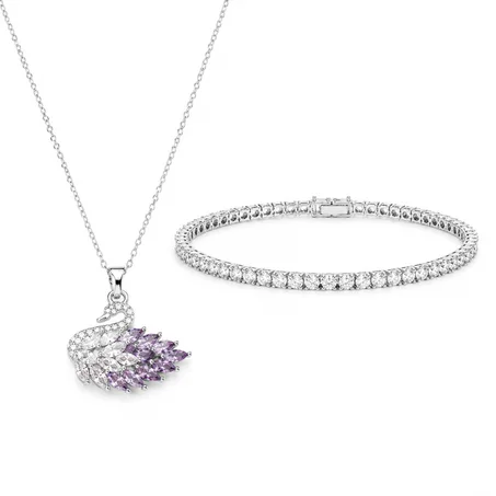 Collier Cygne Cristal & Gourmette raffinée en acier inoxydable