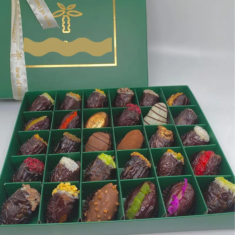 علبة "دامييه" (Damiers) | 30 قطعة من تمور المجهول الفاخرة، المحشوة والمغطاة بنكهات طبيعية مختارة بعناية