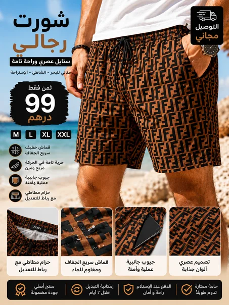 شورت Fendi رجالي بتصميم عصري ونقشة مميزة، مناسب للبحر، السفر والخروجات اليومية. راحة، جودة وأناقة فلوك واحد.