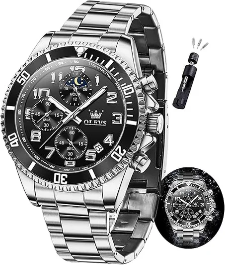 اوليفز ساعة كرونوغراف فاخرة رسمية من الستانلس ستيل مقاومة للماء للرجال بتصميم اطوار القمر مضيئة وتقويم العمل