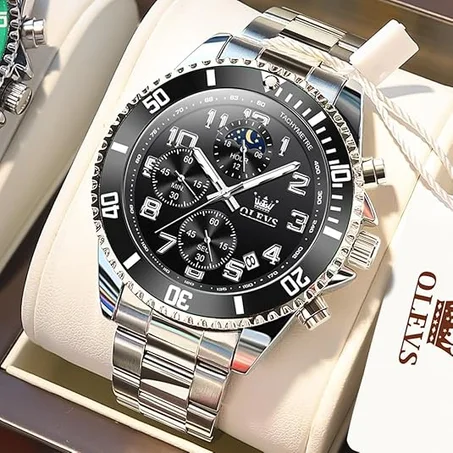 اوليفز ساعة كرونوغراف فاخرة رسمية من الستانلس ستيل مقاومة للماء للرجال بتصميم اطوار القمر مضيئة