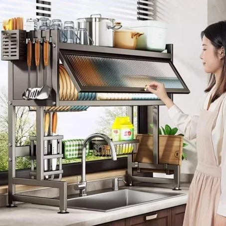 منظم ومجفف الأواني الحديث فوق المجلى مع باب مغلق - Over Sink Kitchen Storage & Dish Drying Rack Cabinet