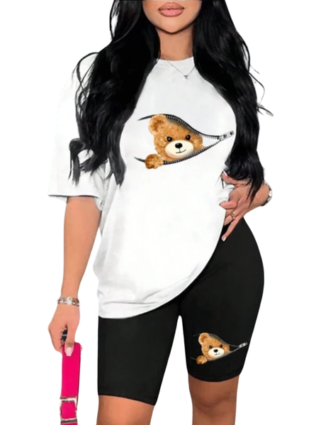 Ensemble Deux Pièces Imprimé Ours, T-shirt Et Short Décontractés