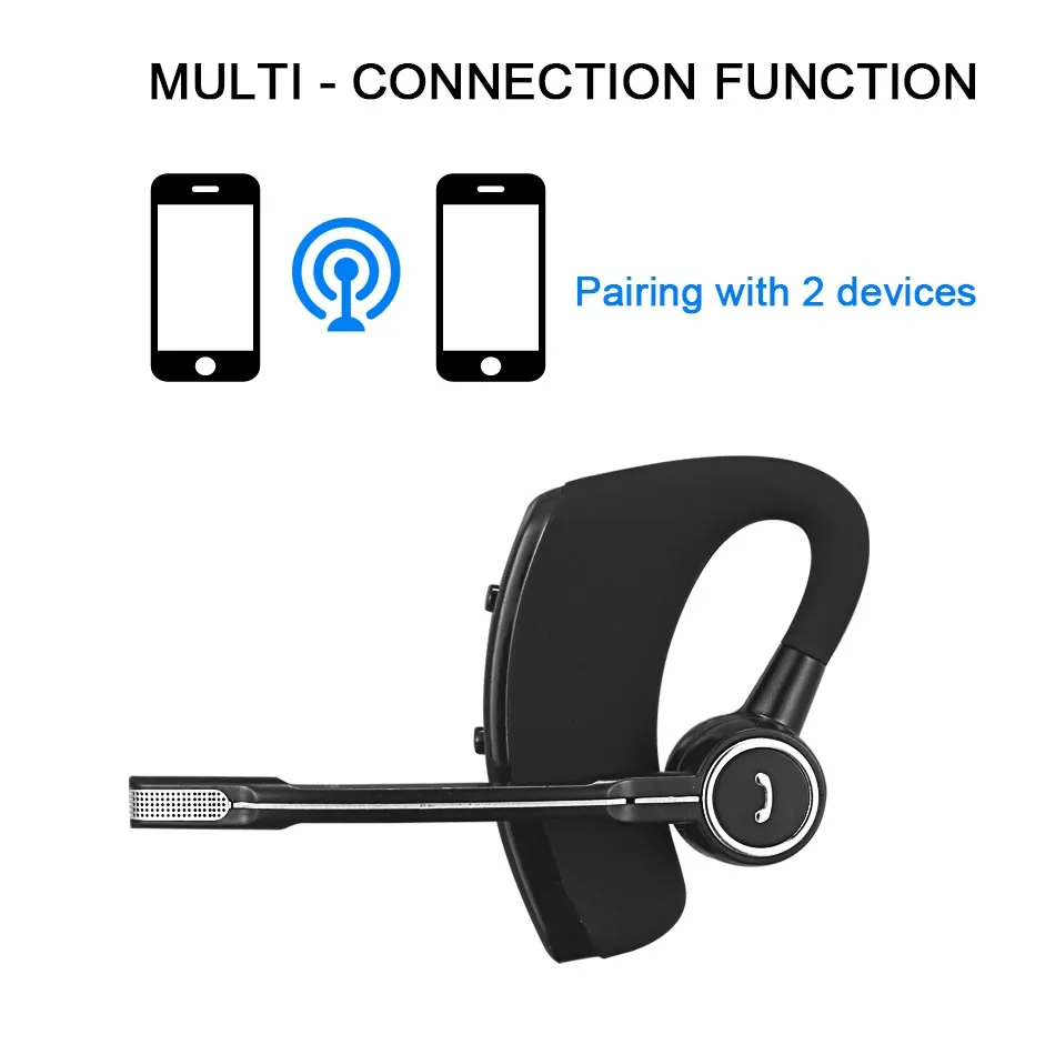 V8S أذن Bluetooth Single مع الميكروفون للأعمال التجارية ، CSR 4.0 سماعات الأذن اللاسلكية مع خطاف ، أذن القيادة الخالية من اليدين ، سماعات التحكم الصوتية في صندوق الكريستال
