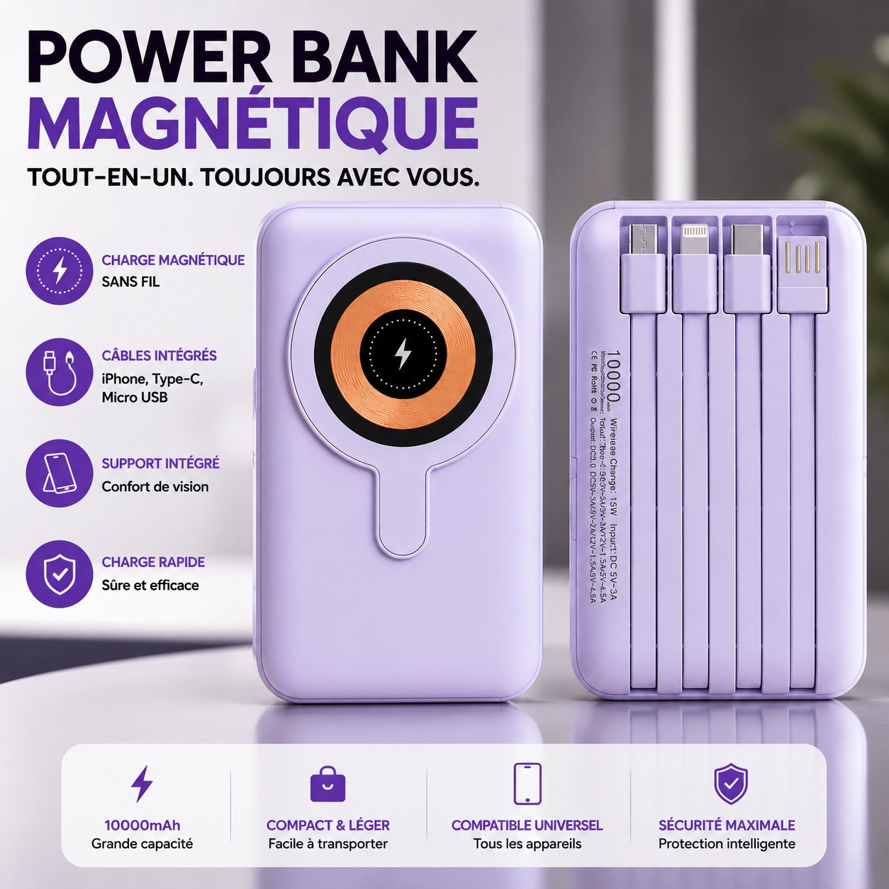 Power Bank Magnétique Multi Câbles Intégrés (burkina)
