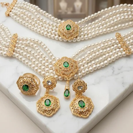 parure ras de cous blanc avec perle verte 4 piece