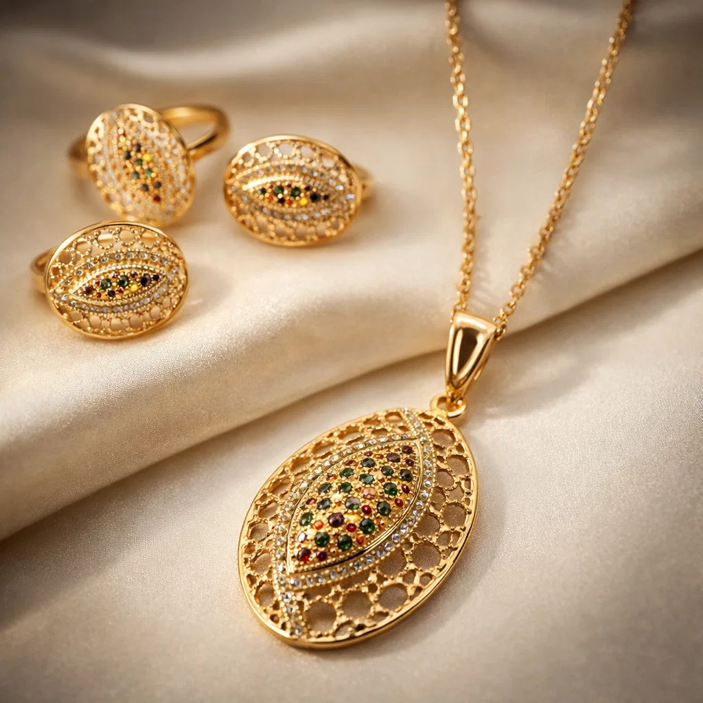 طقم مجوهرات "العين المتلألئة" – ذهبي مرصع بالأحجار الملونة (3 قطع)