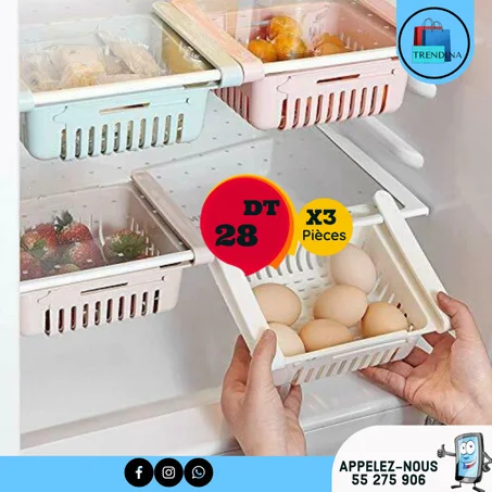 Pack 3 Paniers de Réfrigérateur rétractable